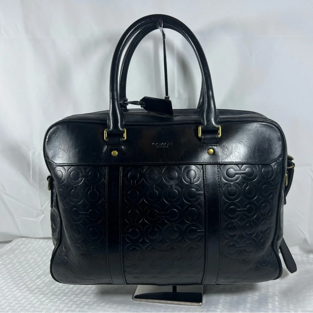 4043: Coach Black Embossed Leather Laptop Briefcase Business Bag